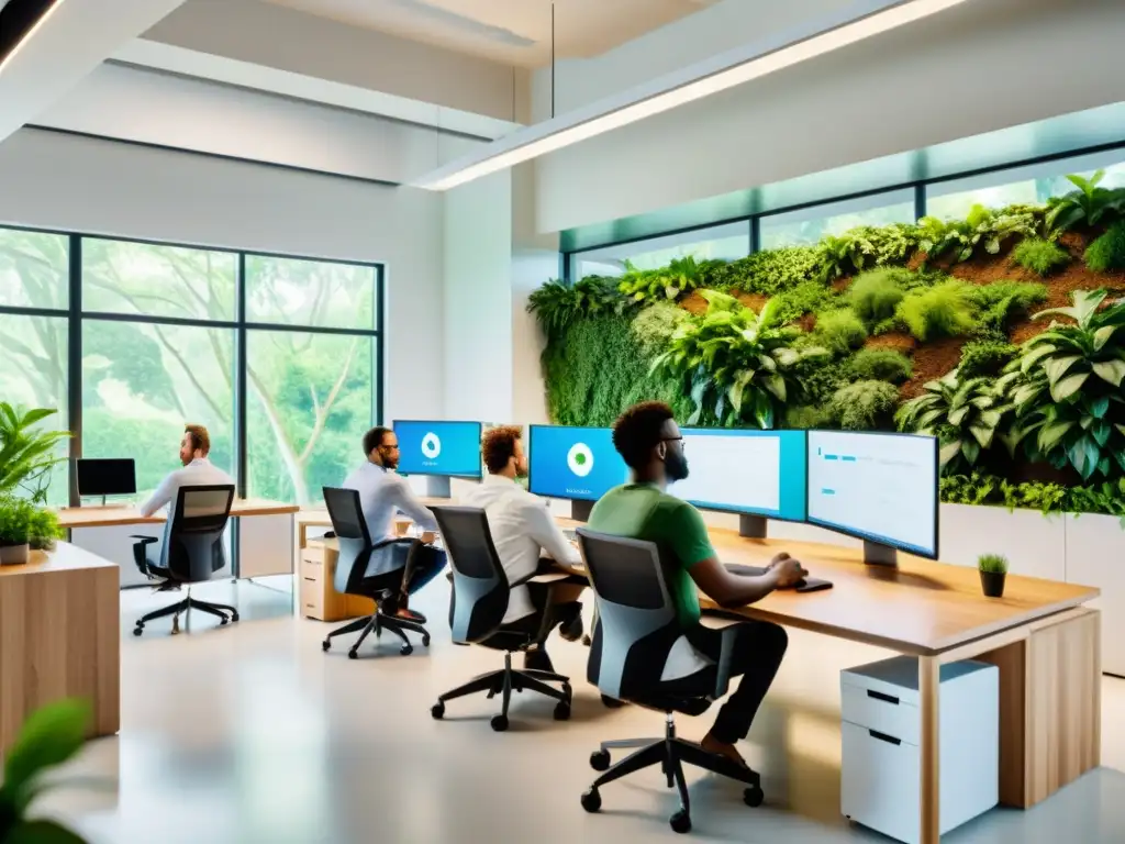 Equipo diverso colaborando en un moderno espacio de oficina, rodeado de vegetación, luz natural y tecnología