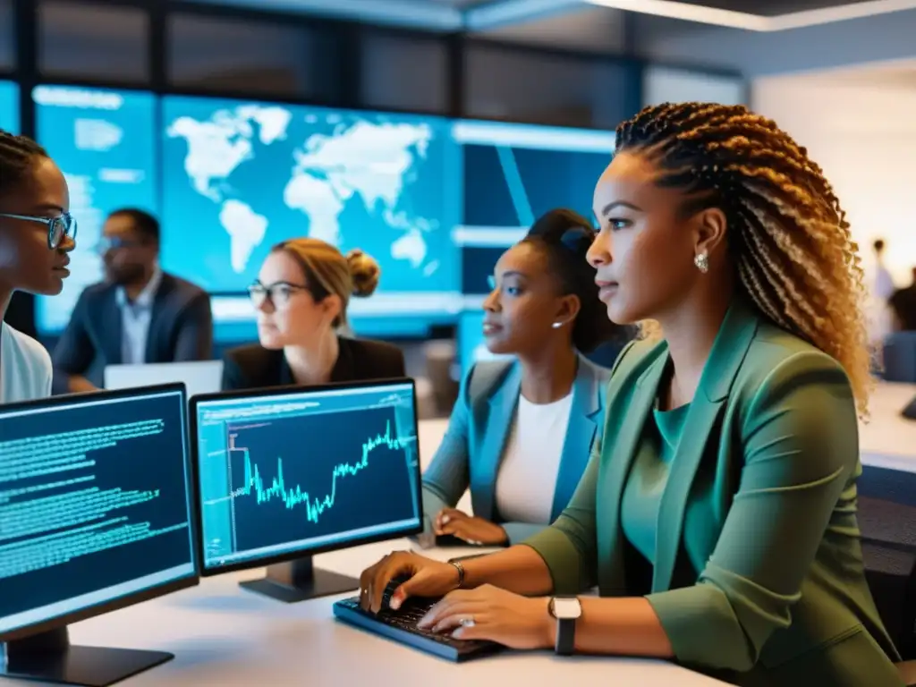 Equipo diverso de mujeres codificando juntas en una oficina moderna, desafiando la brecha de género en tecnología con determinación y empoderamiento