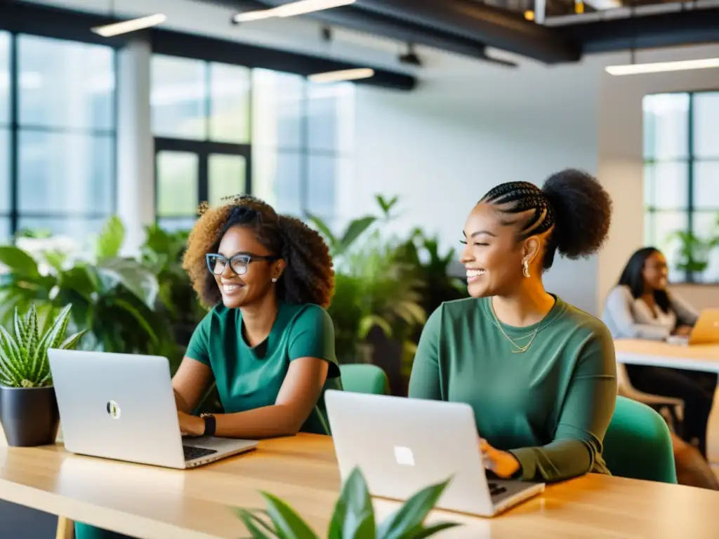 Equipo diverso de mujeres codificando en un entorno moderno y dinámico Un equipo diverso de mujeres trabaja juntas en un espacio de oficina moderno, colaborando en proyectos de código abierto
