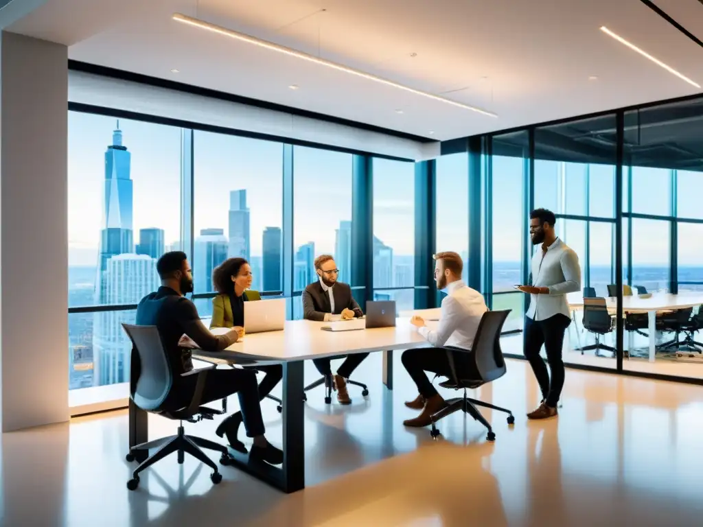 Equipo diverso en oficina luminosa con vista a la ciudad