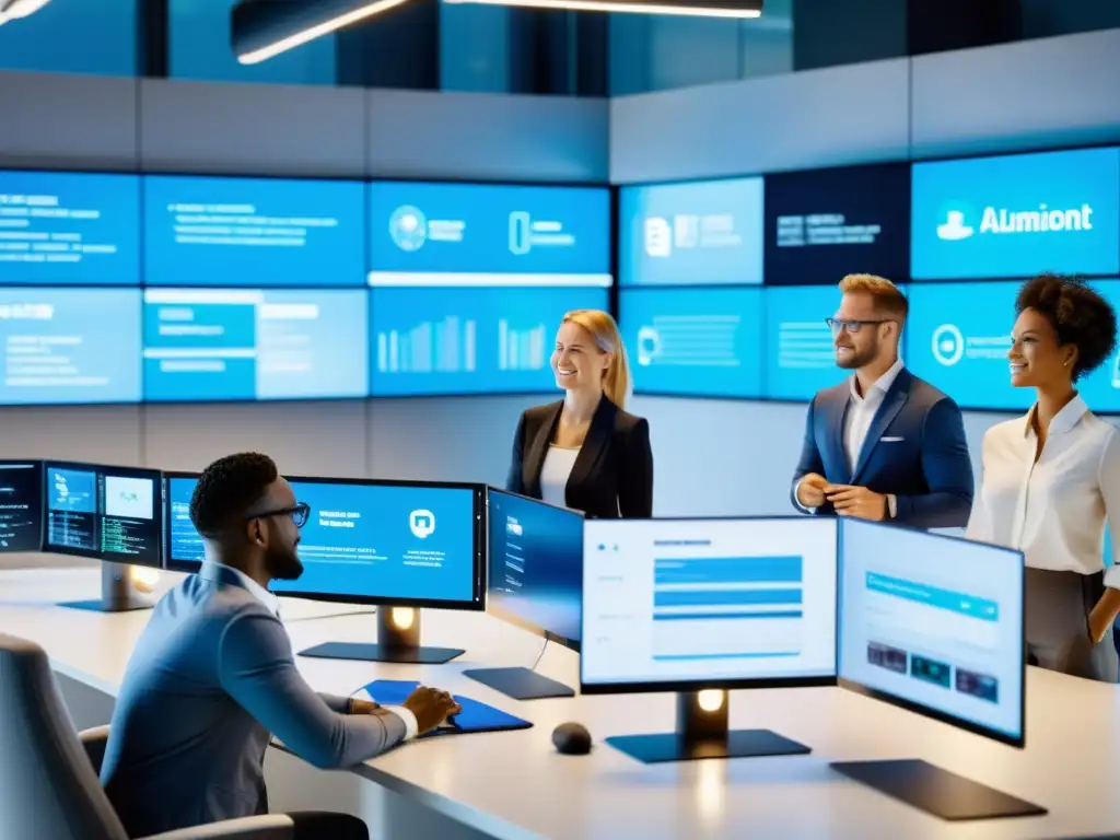 Un equipo diverso colabora en una oficina luminosa y moderna, rodeado de tecnología