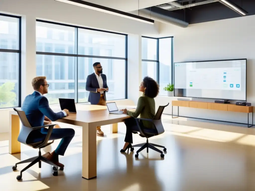 Un equipo diverso colabora en una oficina luminosa y moderna, rodeada de ventanas