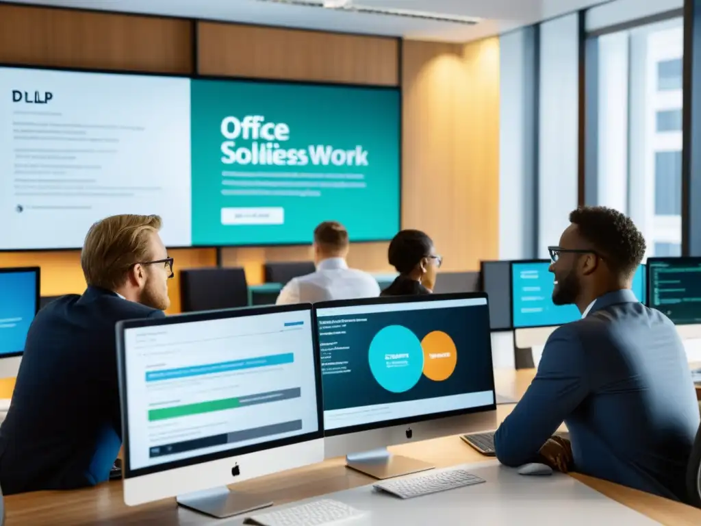 Equipo diverso colaborando en una oficina moderna con software de código abierto para DLP en acción