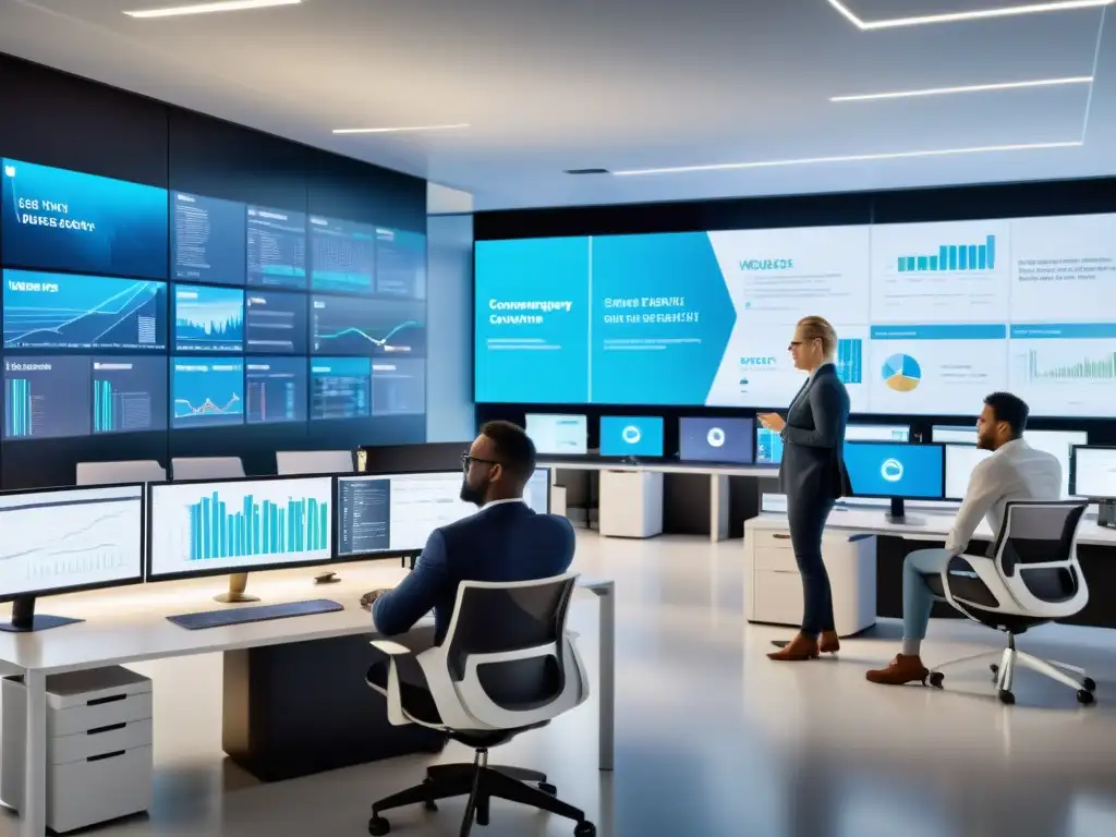 Equipo diverso en oficina moderna analizando datos Un equipo diverso colaborando en una oficina moderna con pantallas digitales mostrando visualizaciones de datos y software de código abierto