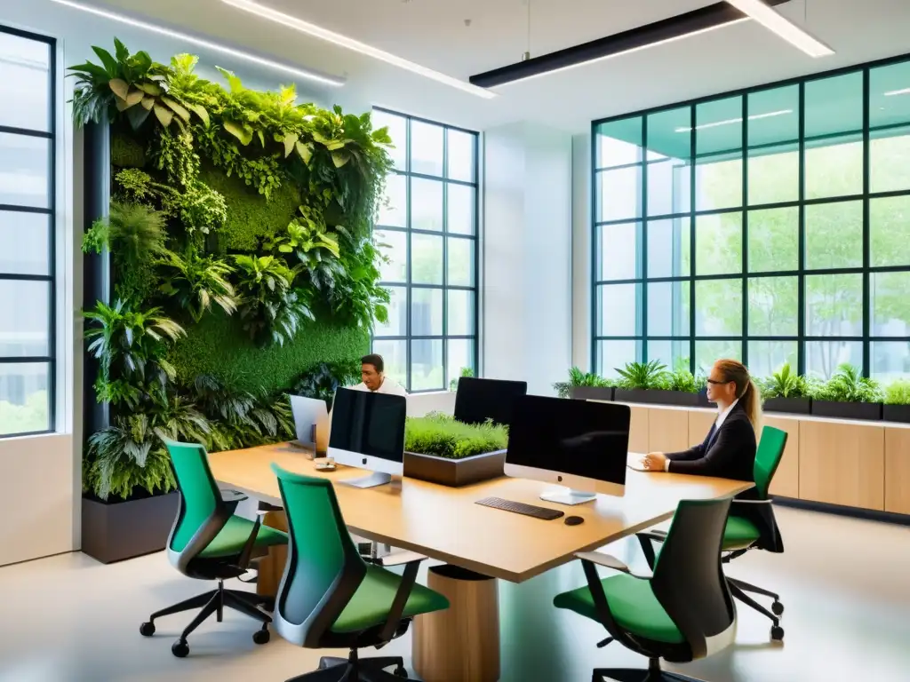 Un equipo diverso colabora en una oficina moderna con estaciones de trabajo abiertas, luz natural y una pared de plantas