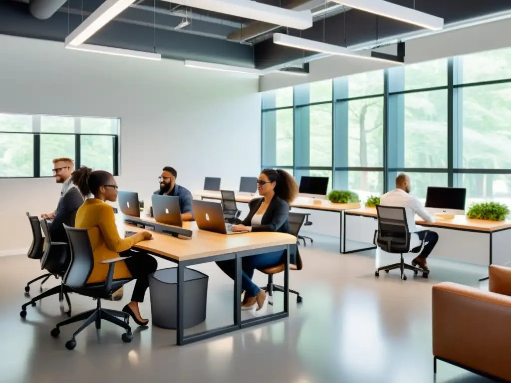 Un equipo diverso colabora en una oficina moderna, reflejando la naturaleza innovadora de la comunidad de código abierto