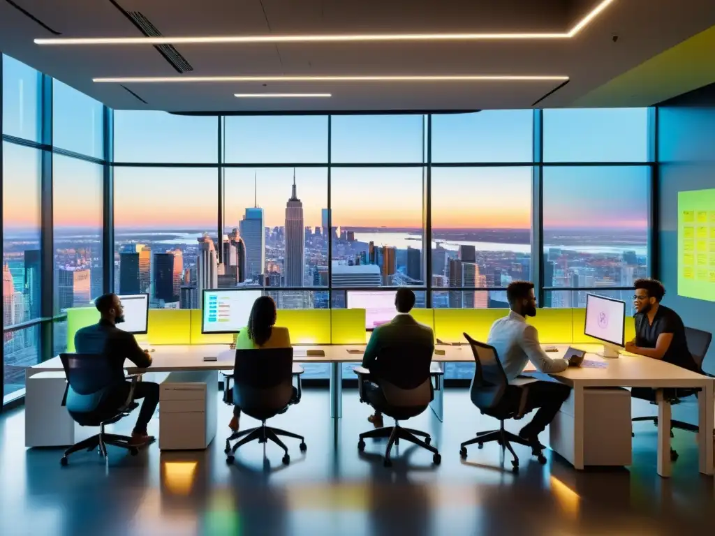 Equipo diverso colaborando en oficina moderna, con vista a la ciudad