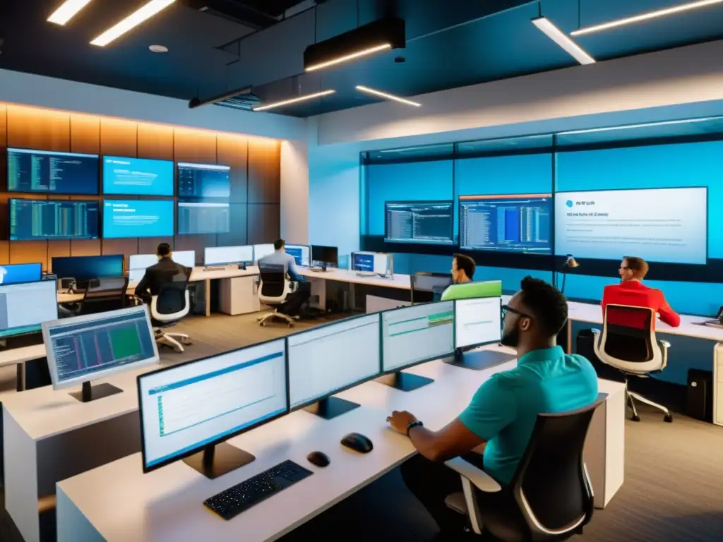 Equipo diverso colaborando en oficina moderna con tecnología de vanguardia y vista panorámica, reflejando la comunidad de Pruebas de carga con JMeter