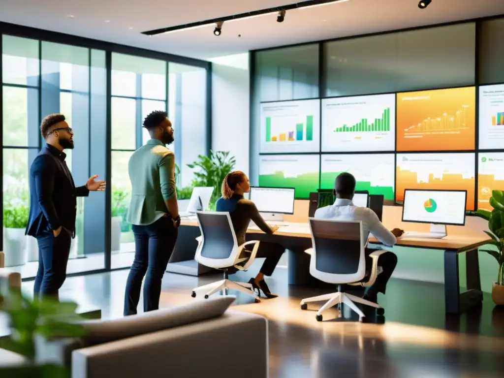 Un equipo diverso colaborando en una oficina moderna, con laptops, tableros digitales y gráficos de desarrollo ágil
