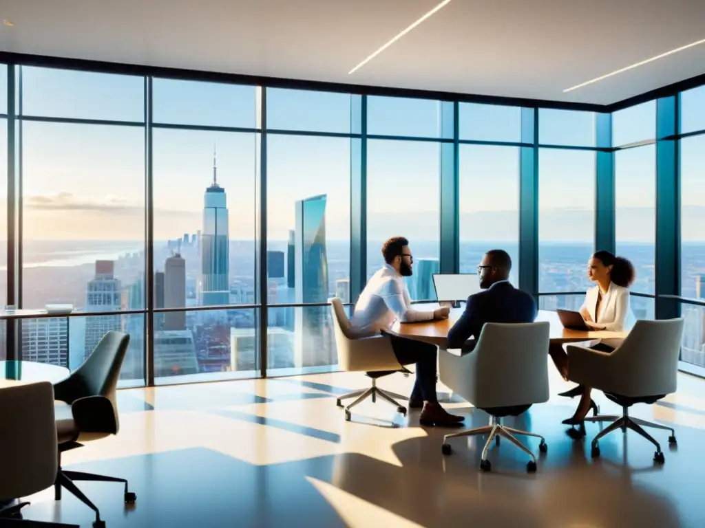 Equipo diverso colaborando en una oficina moderna con vista a la ciudad: Automatización Open Source para Equipos Ágiles