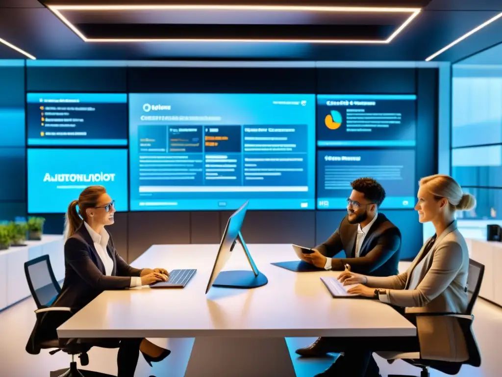 Equipo diverso colaborando en oficina moderna con interfaz de automatización open source para equipos ágiles en el aire