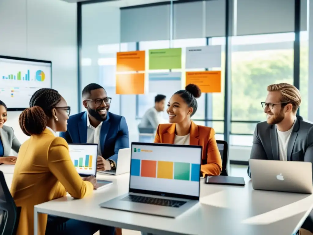 Un equipo diverso colabora en una oficina moderna, con laptops abiertas y pizarras llenas de diagramas coloridos