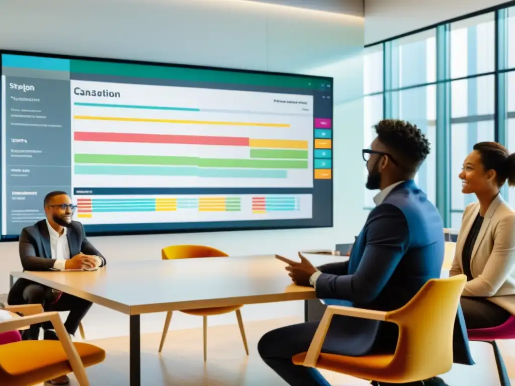 Un equipo diverso colabora en una plataforma Open Source de gestión de proyectos, rodeados de innovación y luz natural