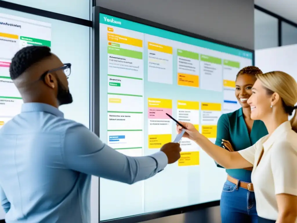 Un equipo diverso mejora la productividad con Wekan, trabajando en una oficina moderna con un tablero Kanban digital de alta resolución