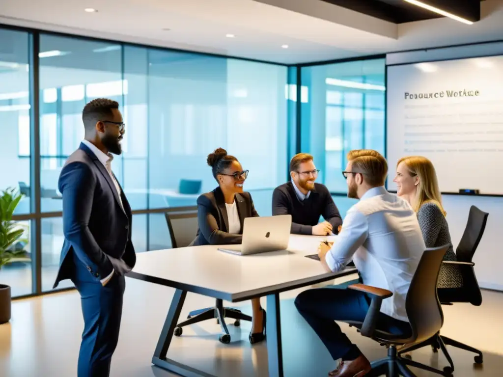 Un equipo diverso de profesionales colaborando en aplicaciones de productividad de código abierto en un moderno y elegante espacio de oficina