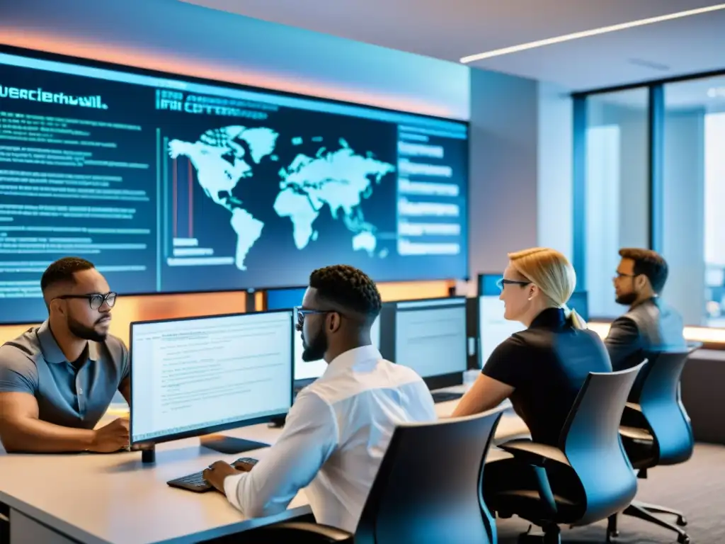 Un equipo diverso de profesionales de ciberseguridad colabora en el desarrollo de firewalls open source en un ambiente moderno de oficina