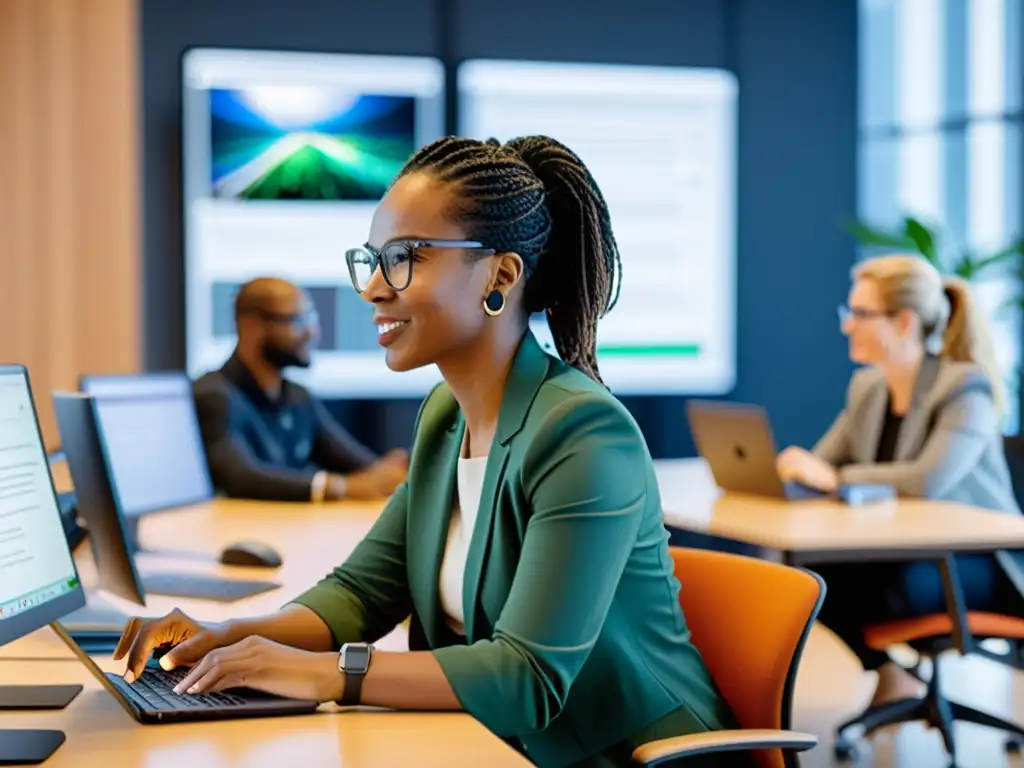 Un equipo diverso de profesionales colabora en el desarrollo de software de código abierto, en un espacio de oficina moderno y vibrante