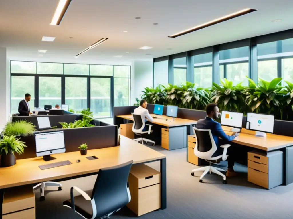 Un equipo diverso de profesionales colaborando en un espacio de oficina moderno, rodeado de herramientas de automatización de código abierto