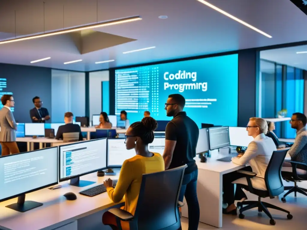 Un equipo diverso de profesionales colabora en programación en un espacio moderno y vibrante, contribuyendo a la comunidad Open Source CMS