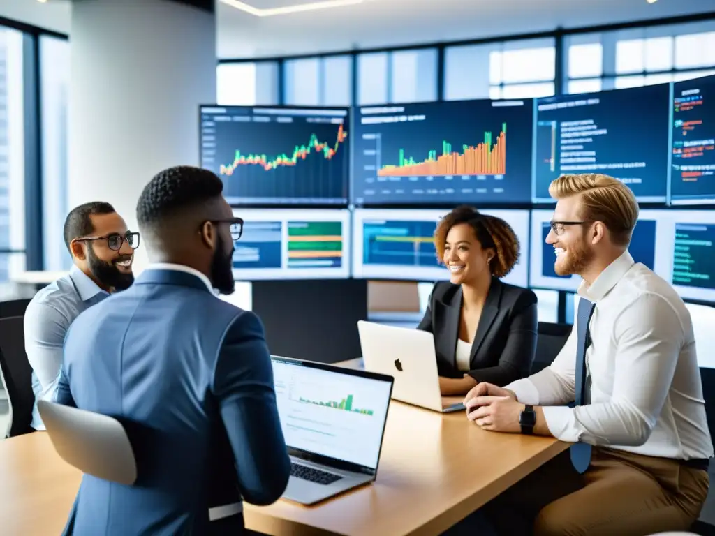 Un equipo diverso de profesionales colabora en un espacio de oficina moderno, discutiendo sobre software financiero de código abierto