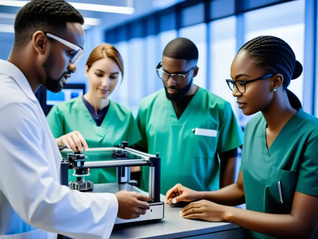 Un equipo diverso de profesionales médicos y ingenieros colaborando en un laboratorio moderno, rodeados de impresoras 3D y equipo médico avanzado