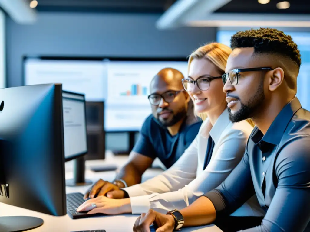 Un equipo diverso de profesionales de TI colabora en una oficina moderna de planta abierta, discutiendo y analizando datos en torno a un ordenador