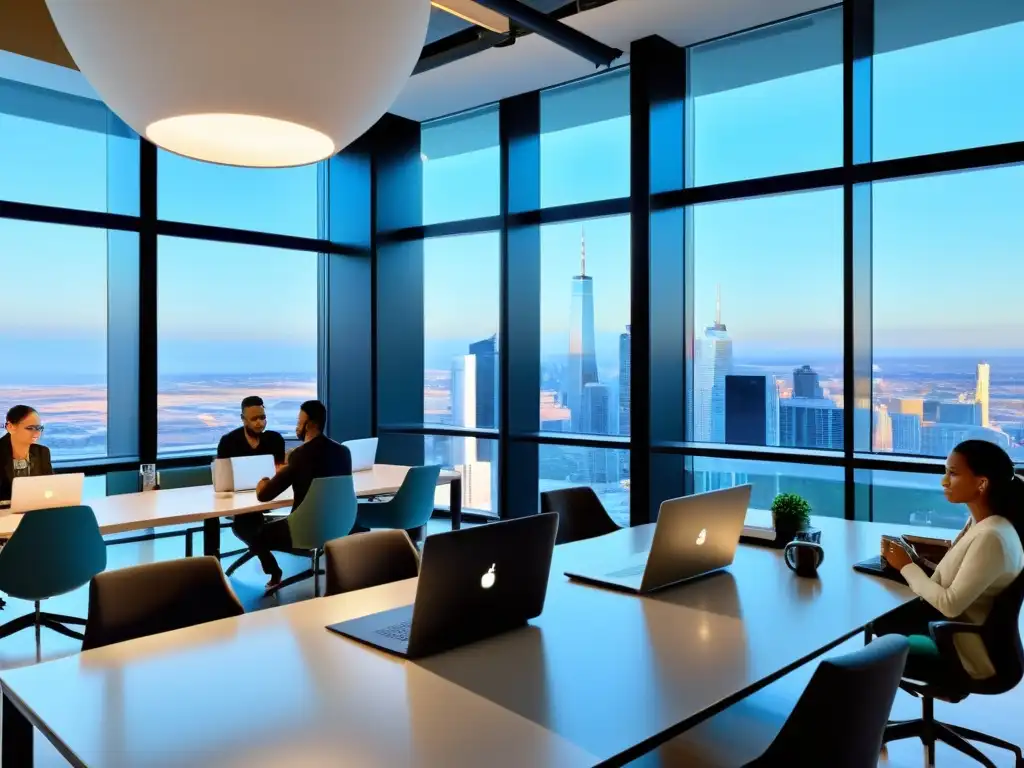 Un equipo diverso de profesionales colaborando en una oficina de concepto abierto, con una vista de la ciudad