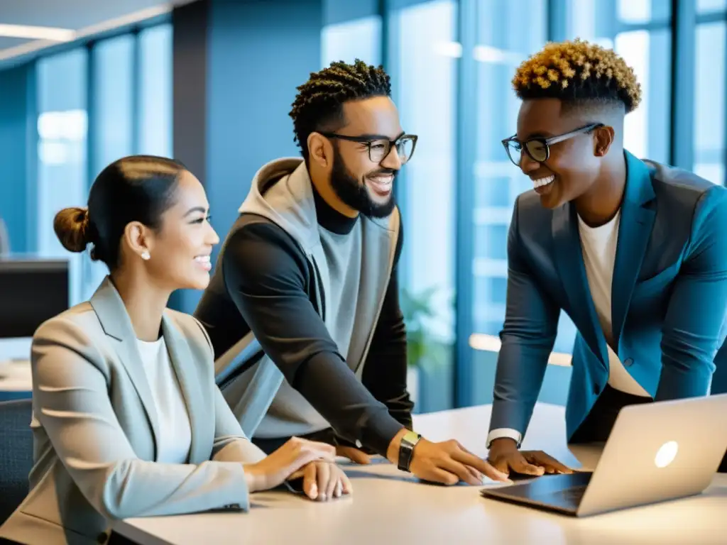 Un equipo diverso de profesionales colabora en un proyecto de codificación en una oficina moderna y elegante