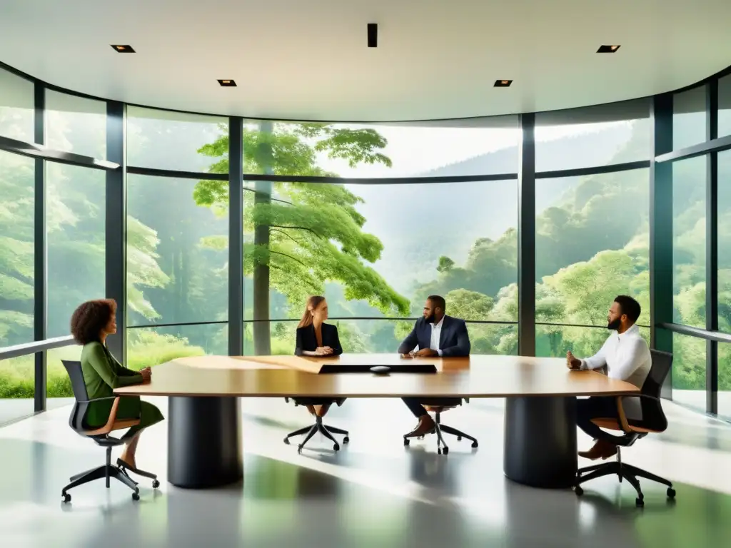 Un equipo diverso de profesionales colabora en una sala espaciosa y soleada con vista a un bosque verde, representando el crecimiento y la colaboración