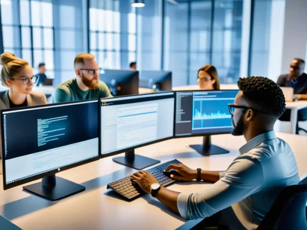 Un equipo diverso de programadores colaborando en código abierto en una oficina moderna y dinámica, contribuyendo a proyectos open source