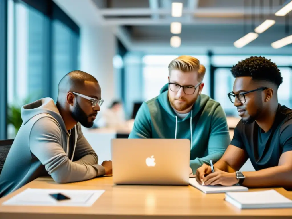 Un equipo diverso de programadores colabora en el desarrollo de código en una oficina moderna