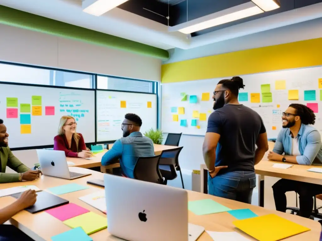 Un equipo diverso de programadores, diseñadores e ingenieros colaboran en un espacio de trabajo abierto y vibrante