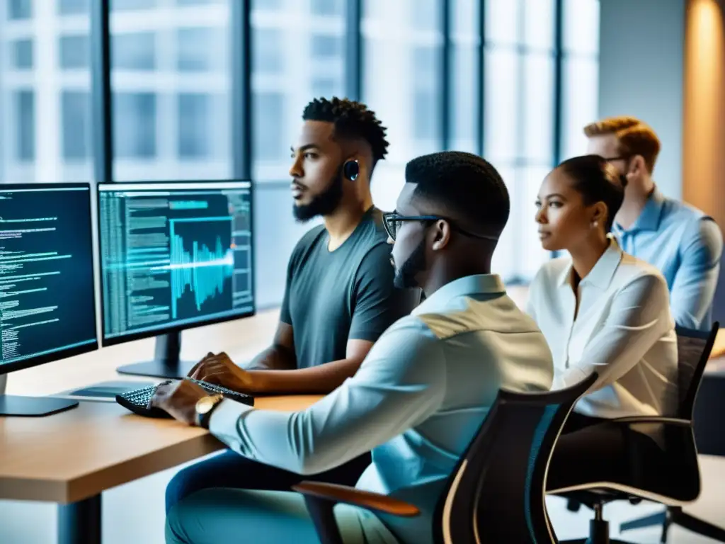 Un equipo diverso de programadores colaborando en un espacio de oficina moderno, lleno de luz natural