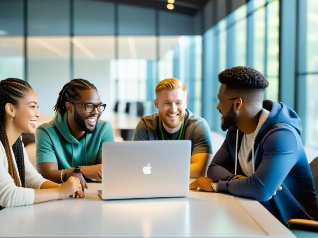 Un equipo diverso de programadores colabora animadamente alrededor de laptops, en una oficina llena de luz natural