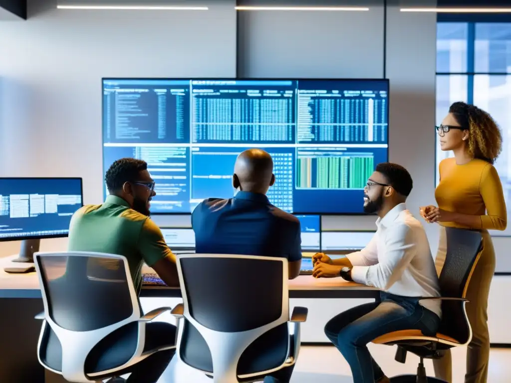 Equipo diverso de programadores en oficina moderna Equipo diverso de programadores colaborando en una oficina moderna y luminosa, discutiendo código en pantalla