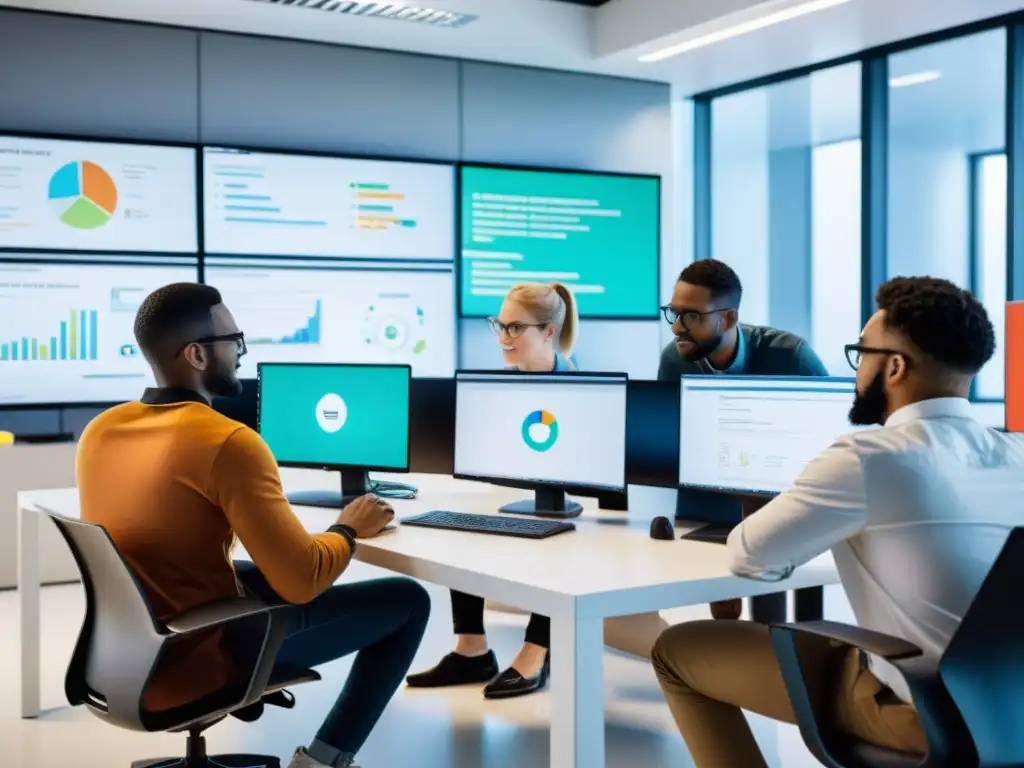 Equipo diverso de programadores en colaboración Un equipo diverso de programadores colabora en un proyecto frontend en una oficina moderna y elegante