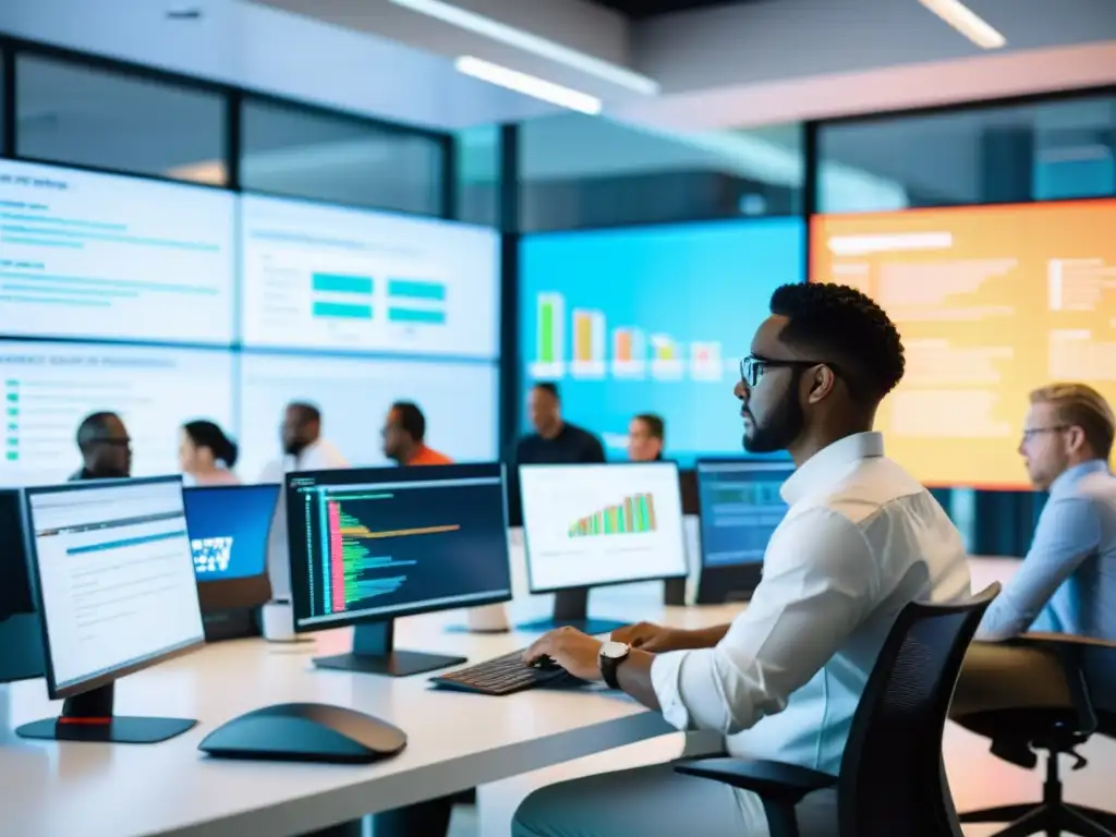 Equipo diverso colaborando en un proyecto de codificación en una oficina moderna y luminosa