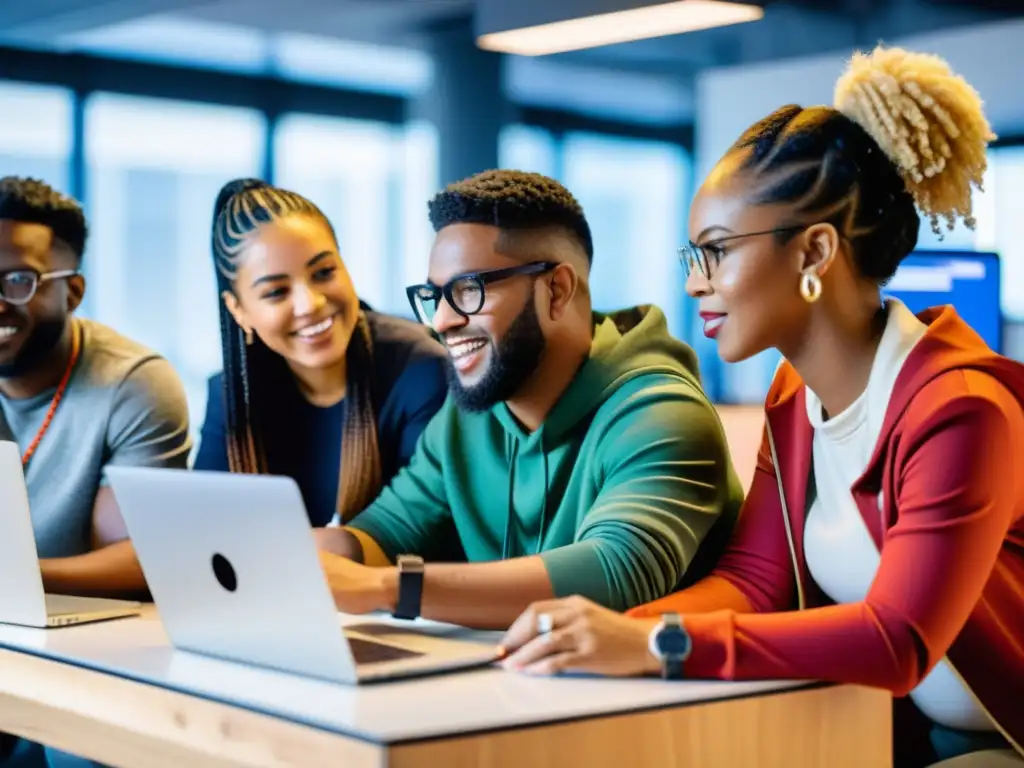 Un equipo diverso colabora en un proyecto de codificación, con un ambiente vibrante y energético que refleja la inclusividad e innovación