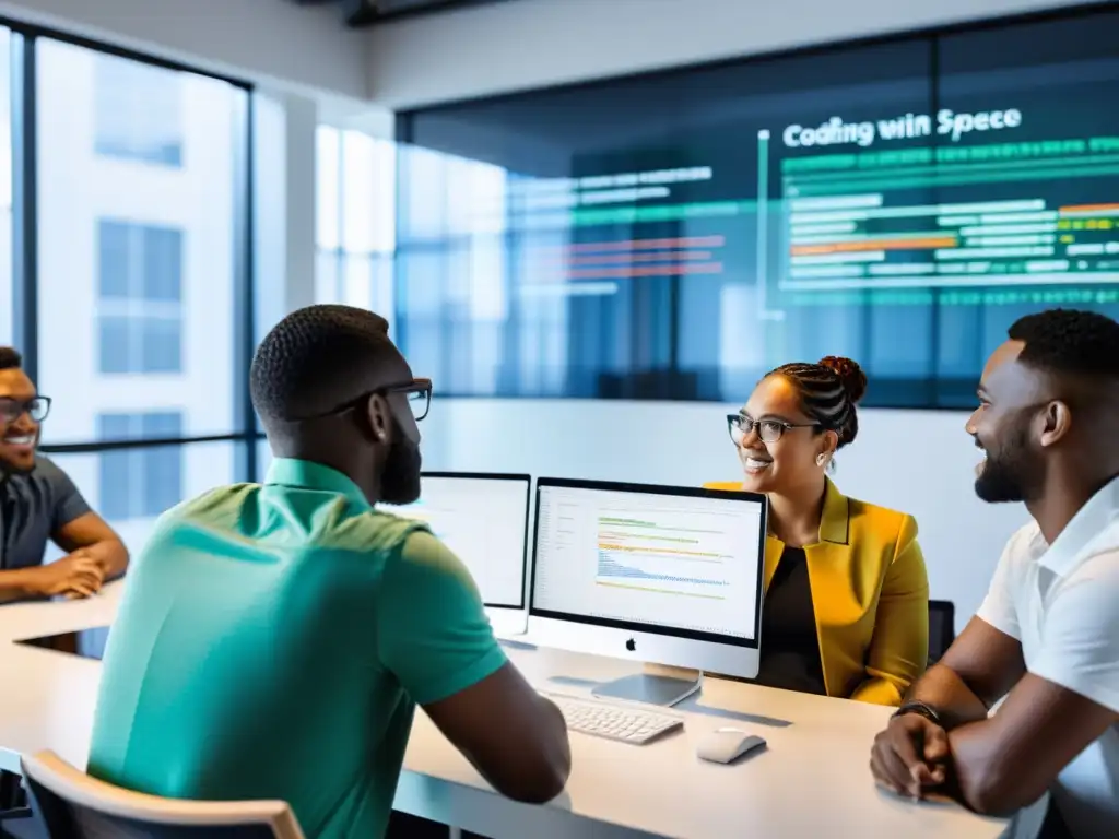 Equipo diverso colabora en proyecto de codificación, discutiendo y compartiendo ideas frente a pantalla con control de versiones en Linux