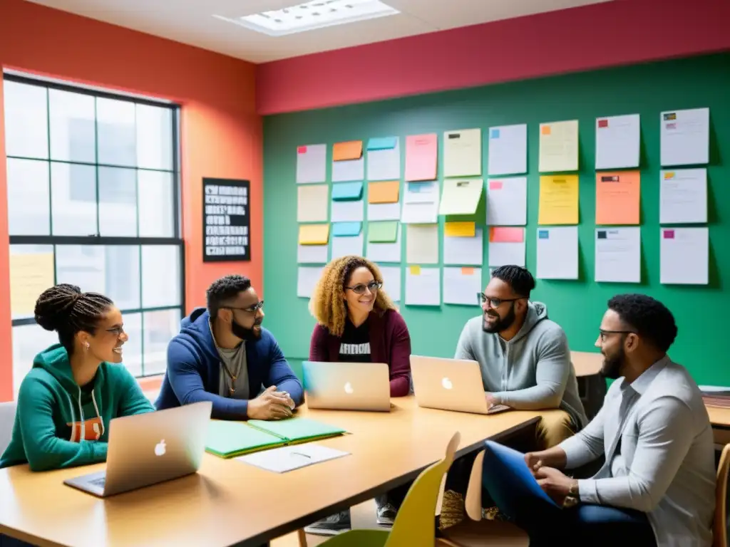 Equipo diverso colaborando en proyecto de código abierto, con atmósfera dinámica y creativa