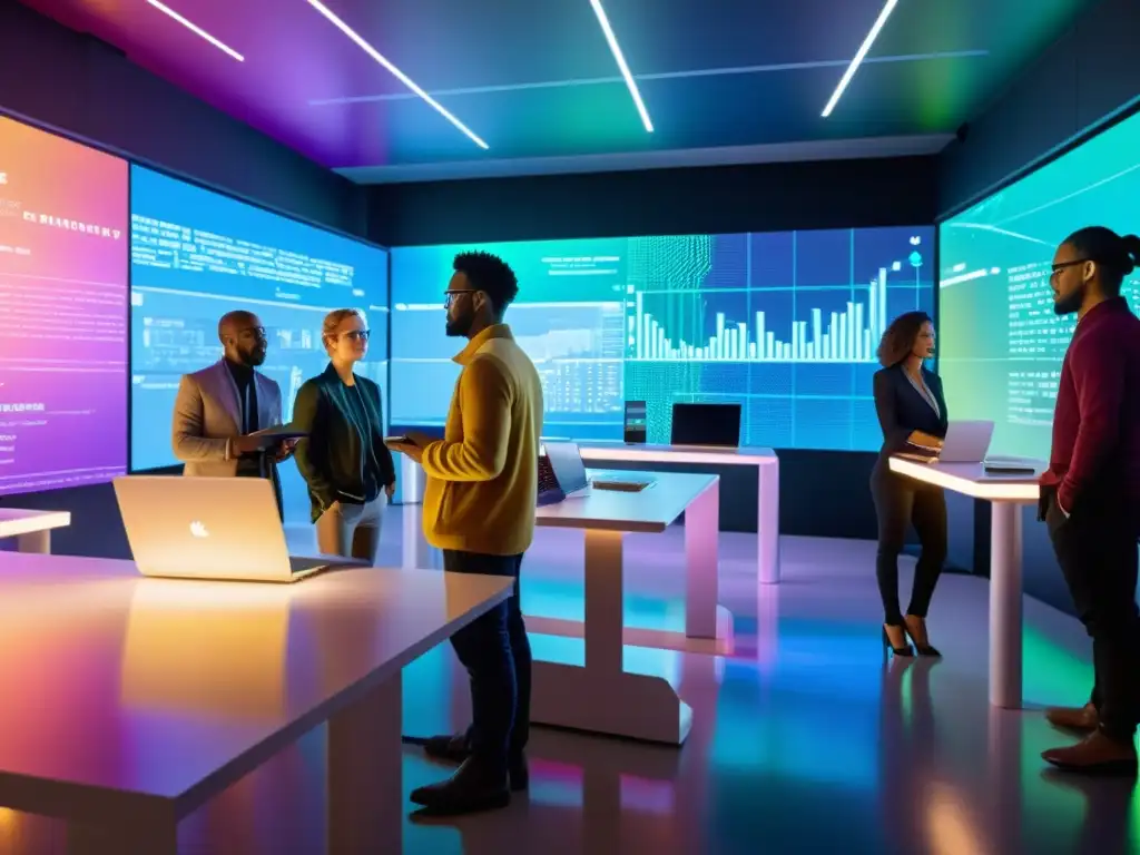 Innovación comunitaria: colaboración y tecnología futurista Equipo diverso colaborando en proyecto de desarrollo comunitario, rodeados de tecnología futurista y visualizaciones de datos coloridas