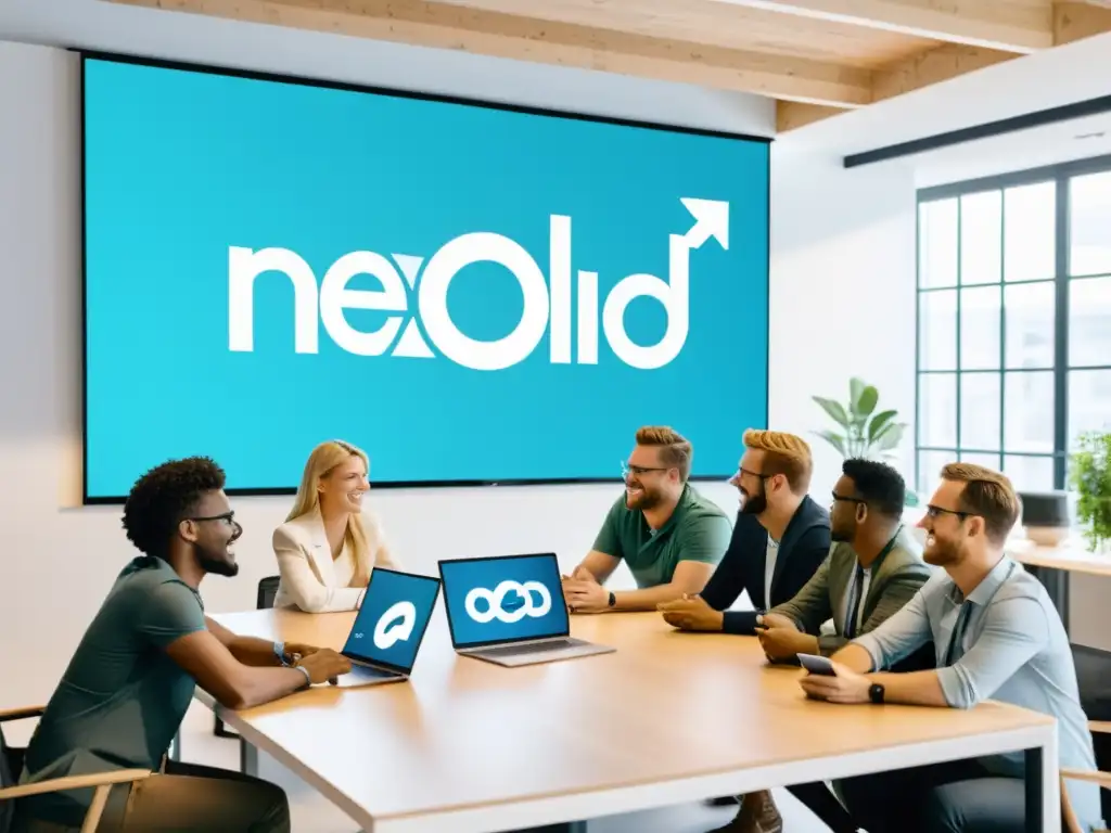 Equipo diverso colaborando en proyecto digital con el logo de Nextcloud