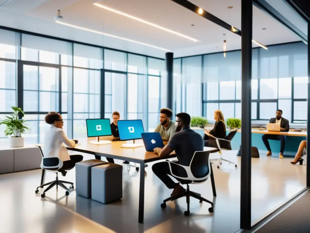 Un equipo diverso colabora en un proyecto digital innovador en una oficina moderna, fomentando la contribución a proyectos open source