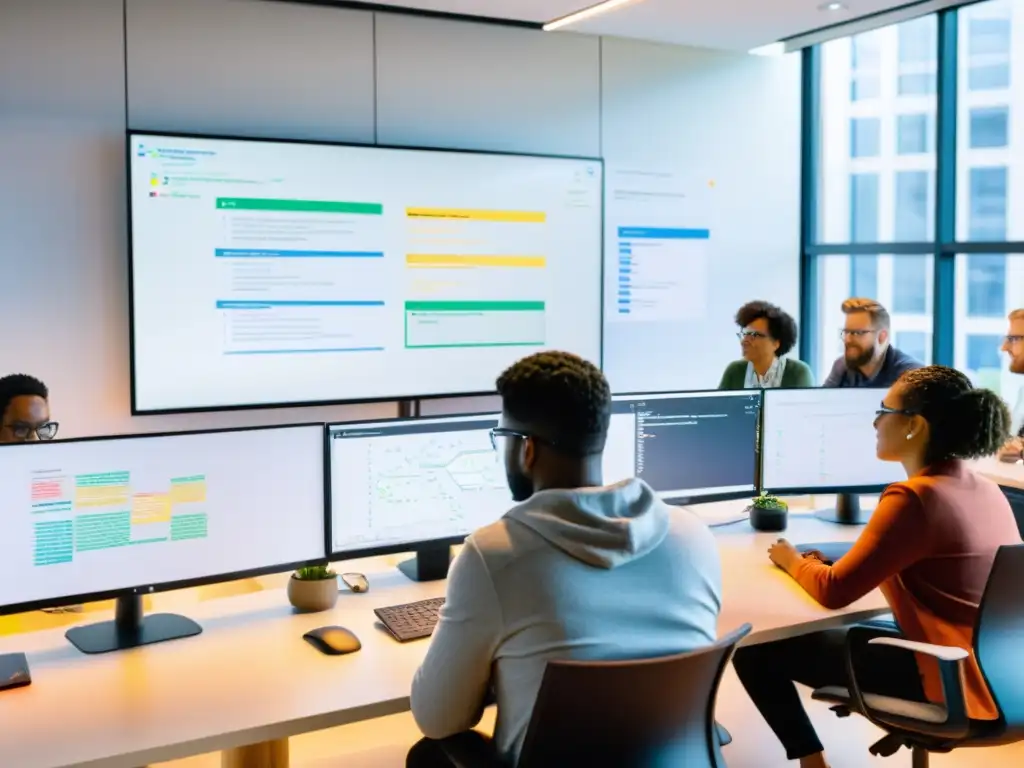 Equipo diverso colaborando en proyecto open source en espacio moderno, lleno de luz natural y tecnología