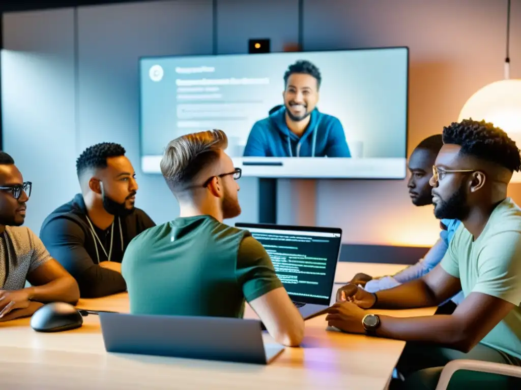 Un equipo diverso trabaja colaborando en un proyecto FrontEnd de código abierto, mostrando un enfoque moderno e inclusivo para contribuir proyectos