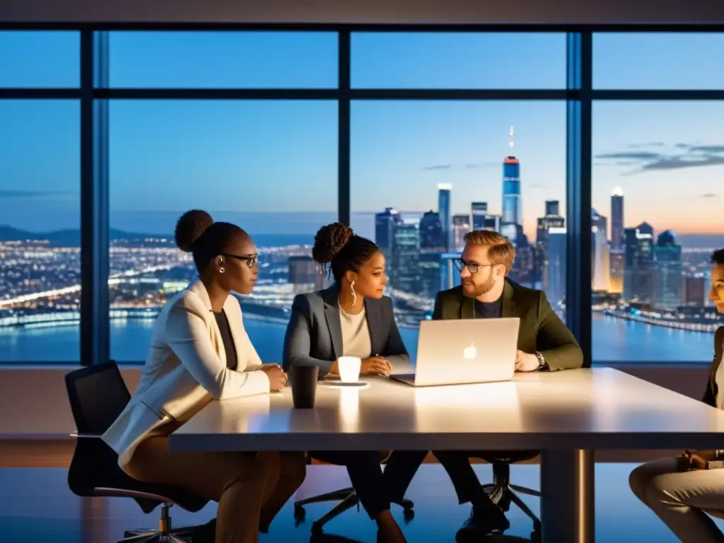 Equipo de profesionales colaborando en proyecto de frontend al atardecer Equipo diverso colaborando en proyecto frontend con Git, discutiendo código frente a ventana con skyline urbano al atardecer