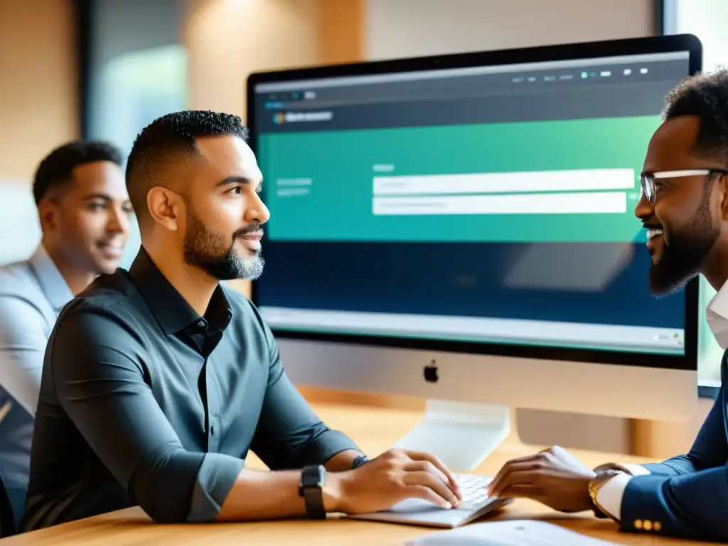 Un equipo diverso trabaja en un proyecto con herramientas de gestión de proyectos en Linux en una oficina contemporánea
