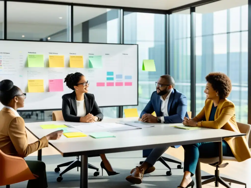 Equipo diverso colaborando en proyecto en moderna oficina con ventanas amplias y luz natural