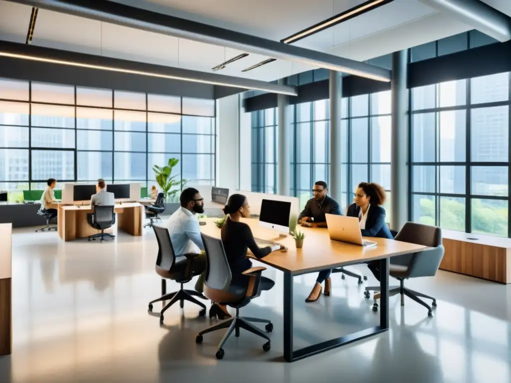 Un equipo diverso colaborando en un proyecto en una oficina moderna, con luz natural y mobiliario elegante