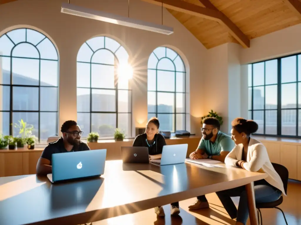 Un equipo diverso colabora en proyectos de código abierto IA para bien social, rodeado de laptops y papeles, bajo la cálida luz del sol